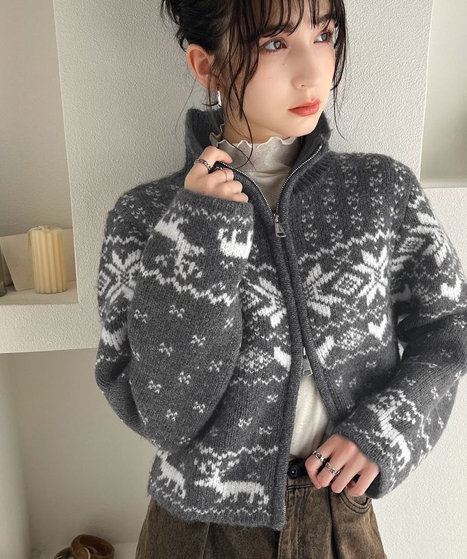 日本 Classical Elf - mily bilet 北歐雪花氛圍短版針織外套-綠x白