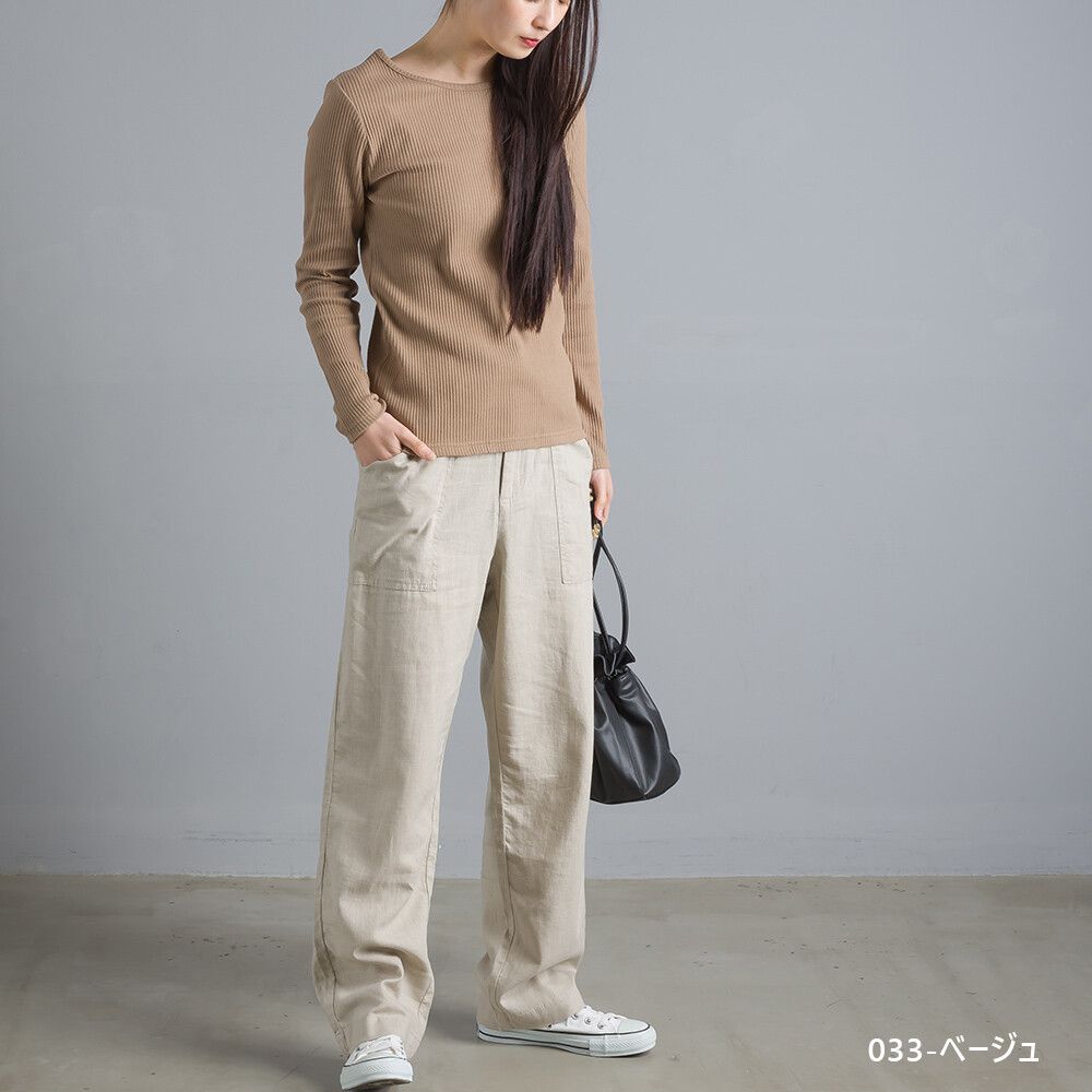 日本女裝代購 - 涼爽亞麻混紡修身長褲-淺杏