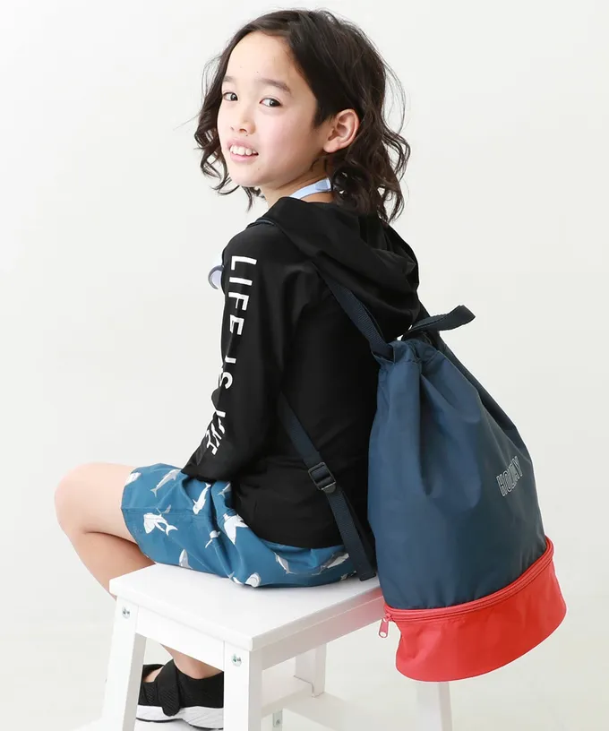 日本 devirock - 雙層設計防水便利游泳背包/水桶包-橘x深藍