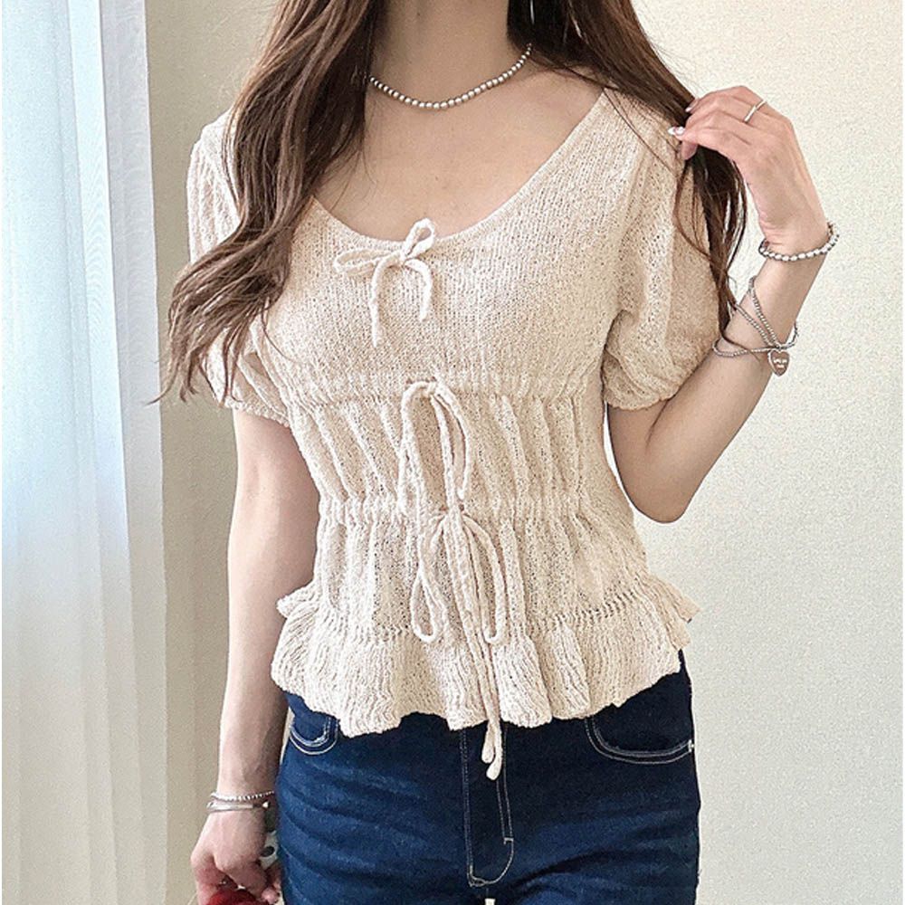 綁帶大U領透膚感薄針織短袖上衣-象牙白 (F)