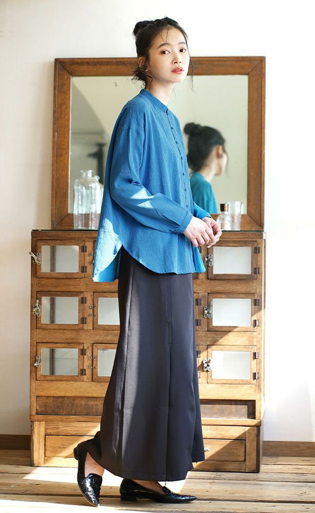 日本 zootie - 圓領楊柳皺縮長袖上衣-石墨黑