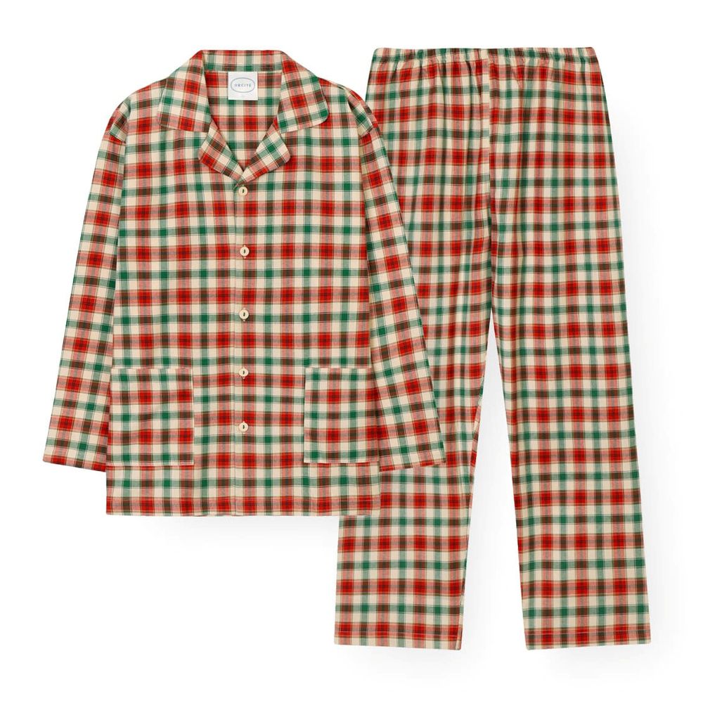 (爸爸)柔軟棉翻領長袖睡衣套裝-格紋-紅X綠
