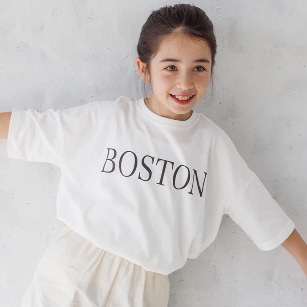 日本 COCA - [小孩]英文標語寬鬆短袖上衣-BOSTON-白
