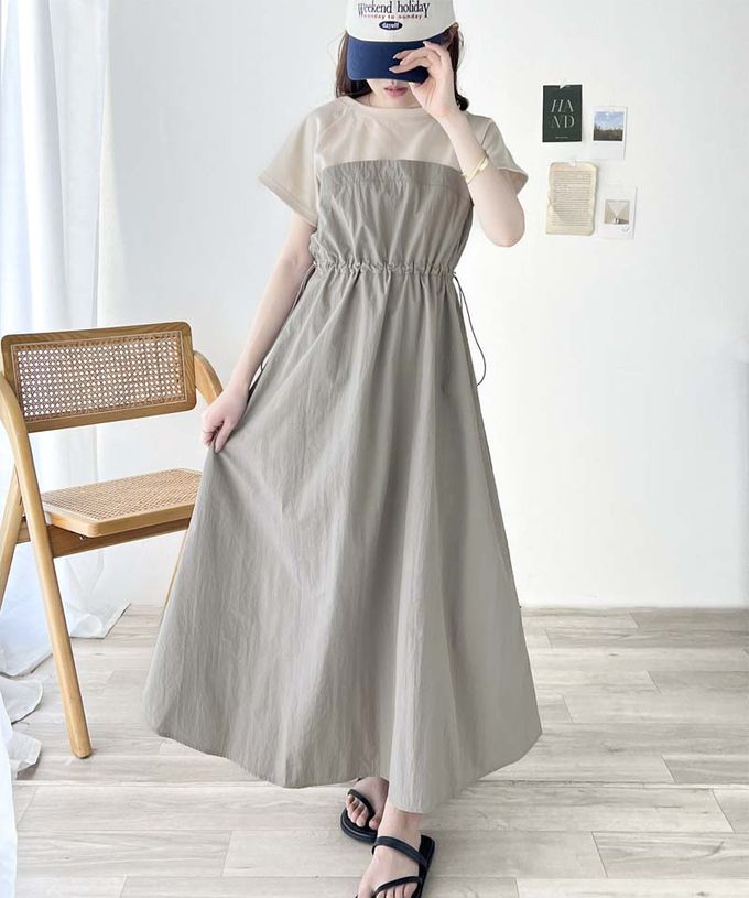 日本 Classical Elf - 法式袖拼接縮腰抽繩洋裝-炭灰x黑