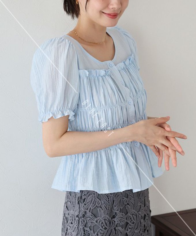 日本 BLUE EAST - 顯瘦皺摺荷葉泡泡短袖上衣-白