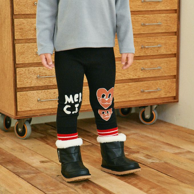 韓國 First Blue - (內磨毛)鬆緊腰愛心動物臉彈力褲-米灰杏