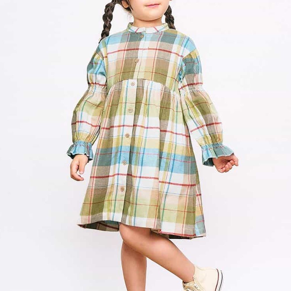 可愛花苞袖鈕扣長袖洋裝-格紋-綠X藍