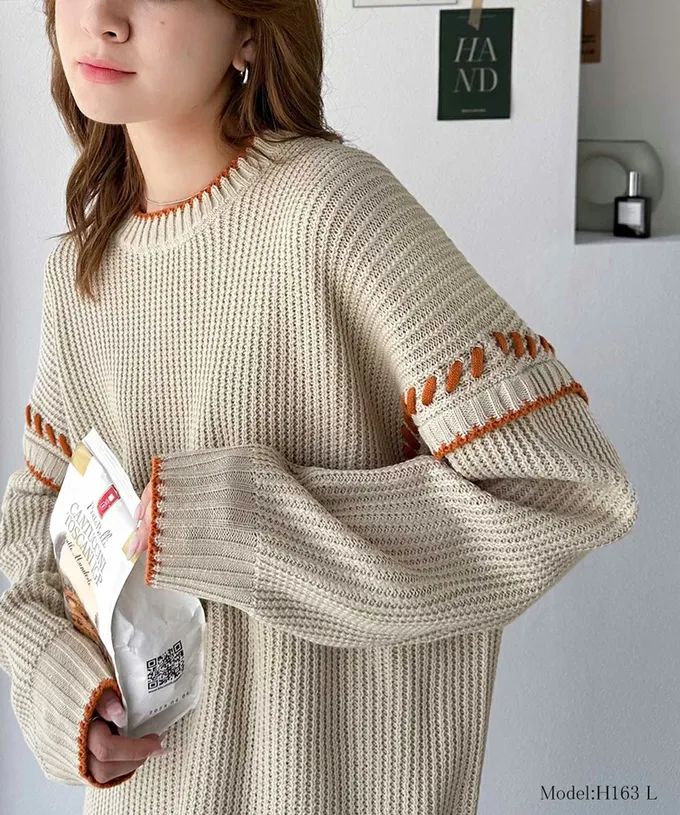 日本 Classical Elf - Java 落肩滾邊縫線粗針織長版上衣-白x灰