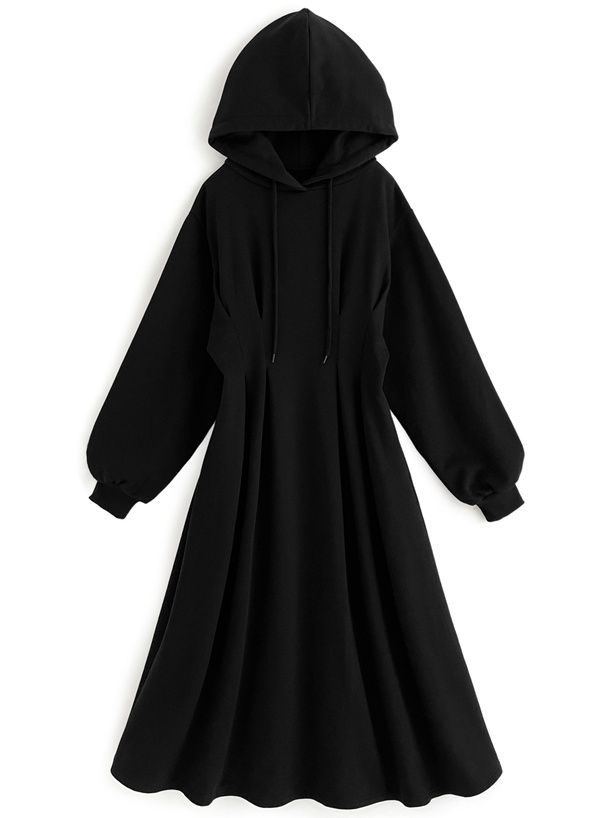 日本 GRL - 休閒感收腰連帽長袖洋裝-黑 (F)