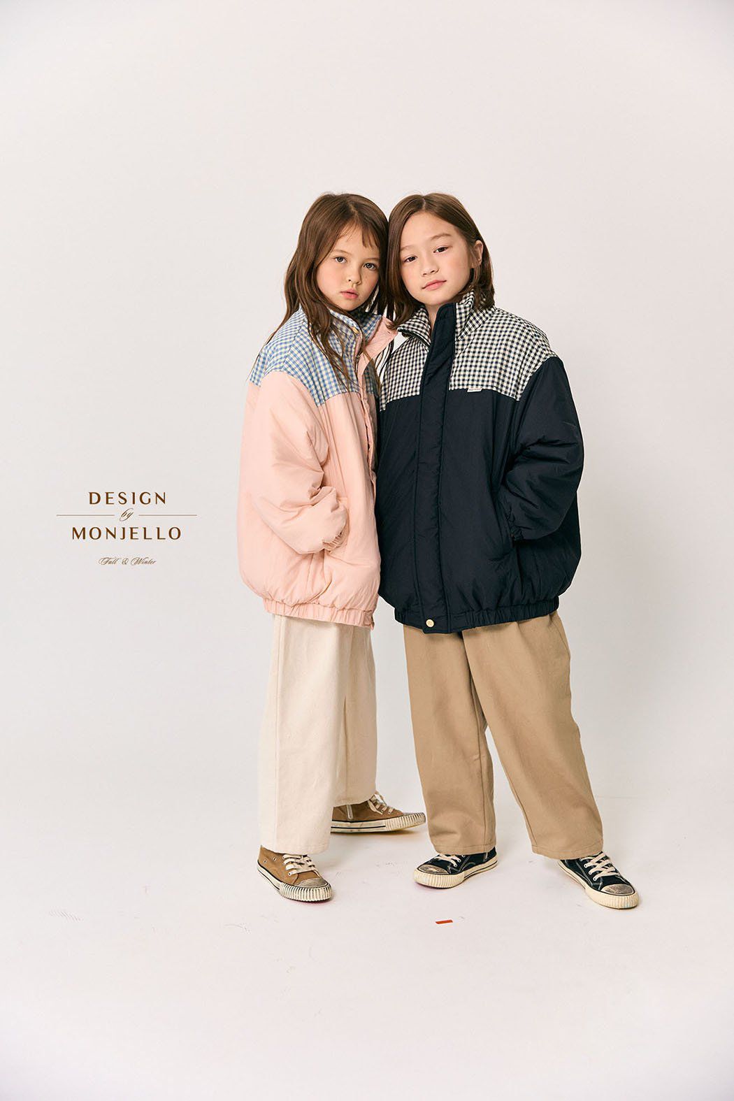 韓國 MONJELLO - 格子點綴拉鍊立領鋪棉外套-粉