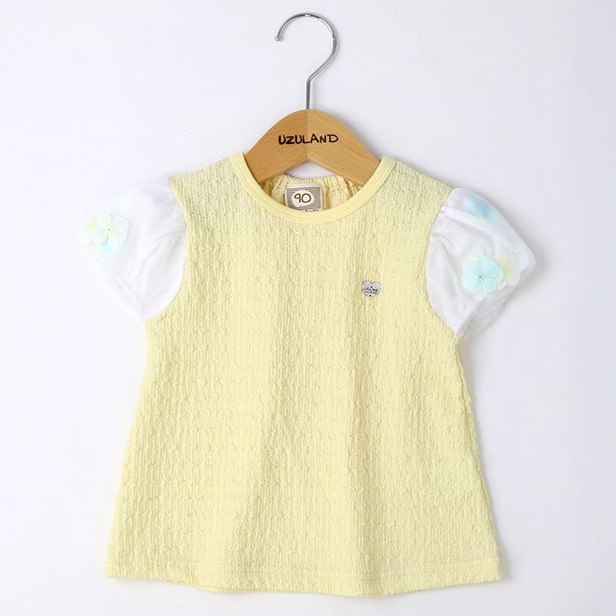 日本 ZOOLAND - 楊柳天竺棉花朵澎澎短袖上衣-粉紅