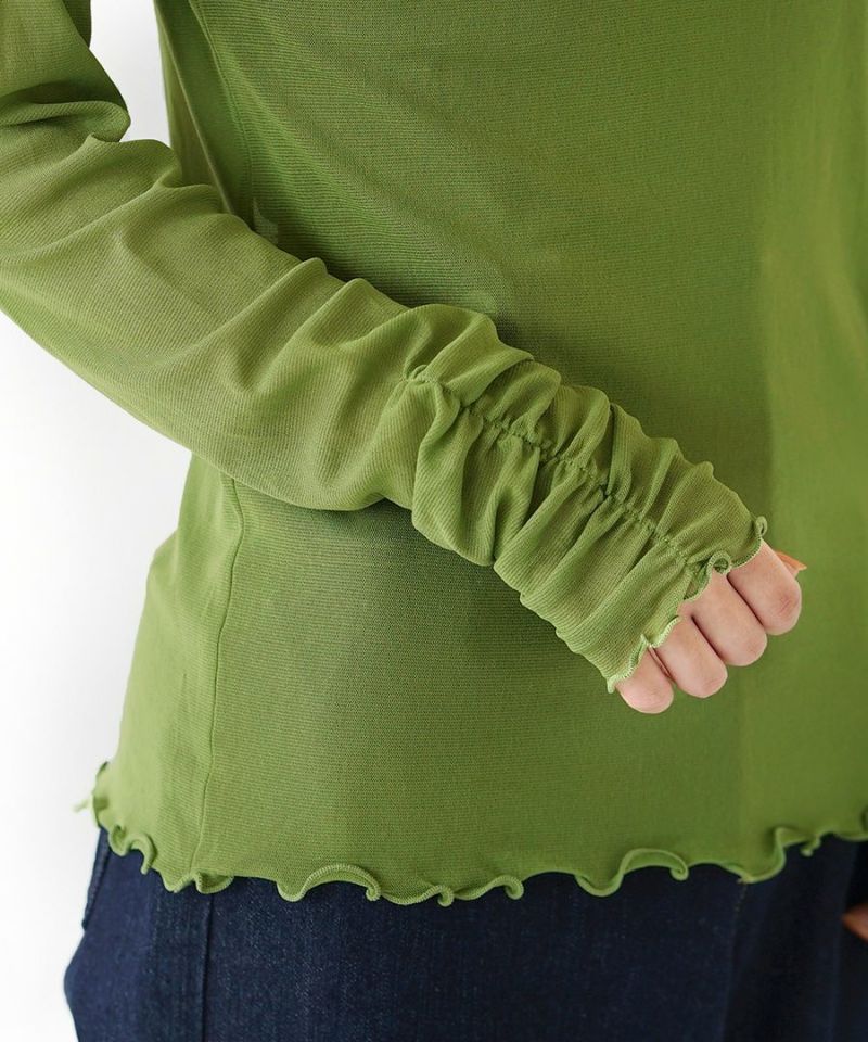 日本 zootie - 透膚木耳立領薄長袖上衣/內搭-抹茶綠