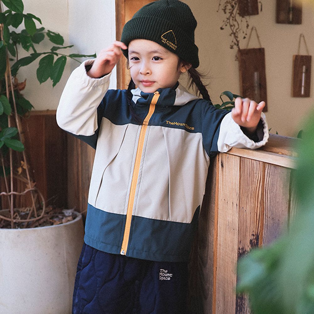 保暖加絨撞色連帽防風外套-灰綠