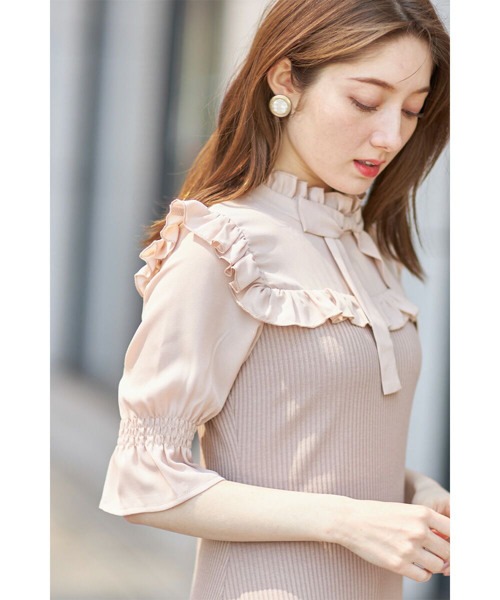 日本 tocco-closet - 夢幻荷葉邊扭結小洋裝-星塵粉