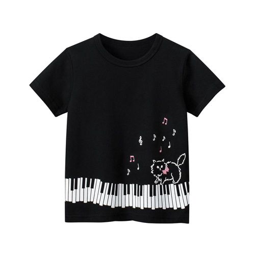 純棉短袖上衣-鋼琴貓咪-黑色