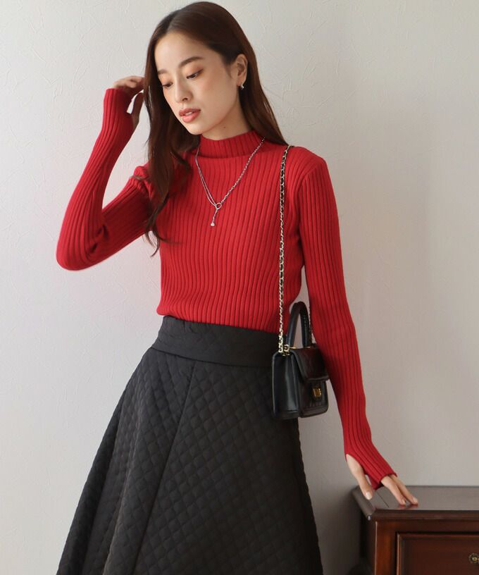 日本 BLUE EAST - 小立領坑條針織上衣-果實紅