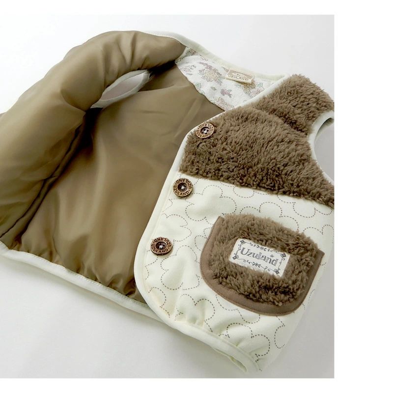 日本 ZOOLAND - 拼接保暖鋪棉背心-線條小花-褐X米