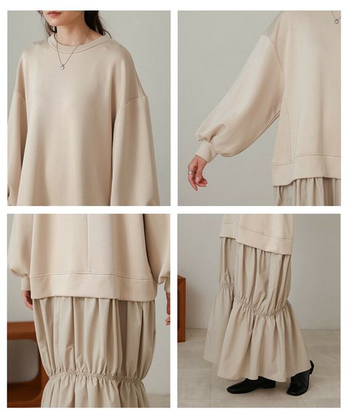 日本 Bab - 柔美造型皺摺拼接長袖洋裝-淺杏