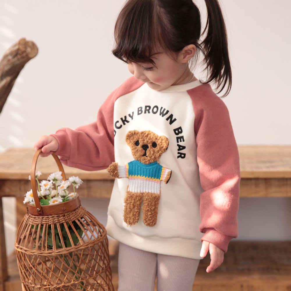 韓國 Coco rabbit - 立體毛毛熊拼接色袖T-玫瑰粉