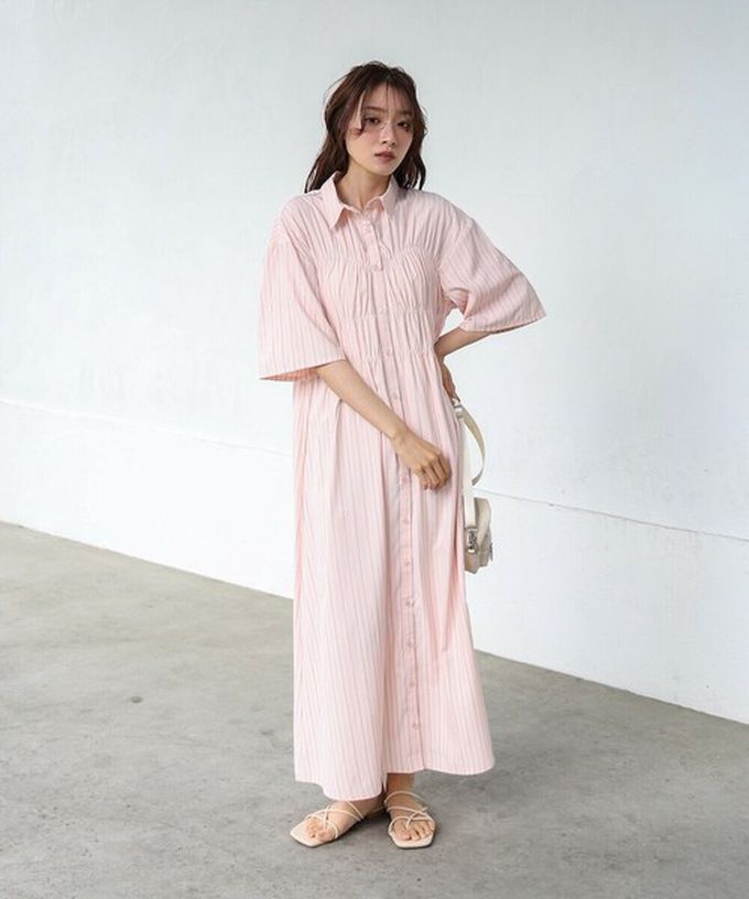 日本 Bab - 時尚抓皺襯衫式五分袖洋裝-條紋-藍