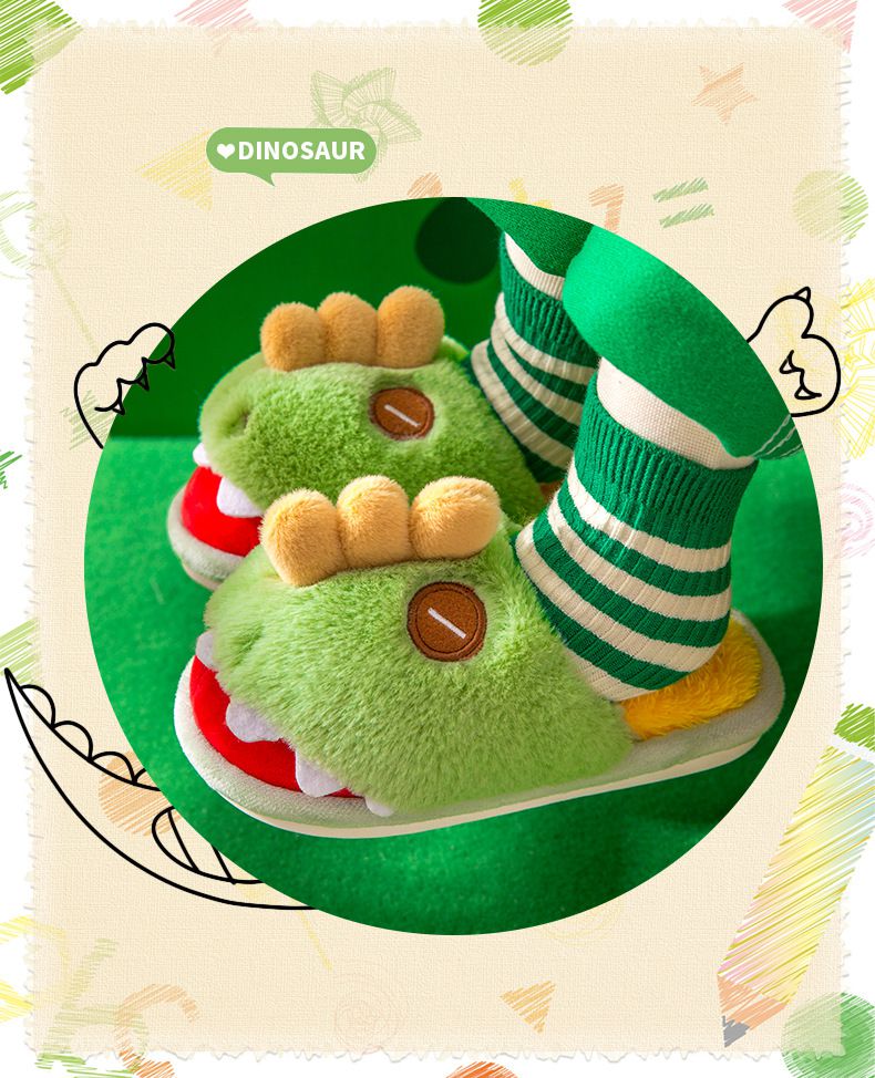 兒童毛毛保暖室內拖鞋-卡通恐龍-黃色