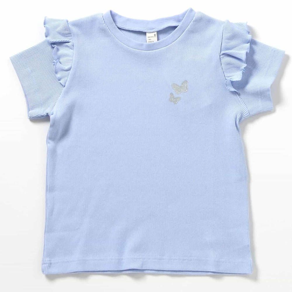 [推薦] 荷葉邊袖羅文短袖上衣-胸前蝴蝶-水藍