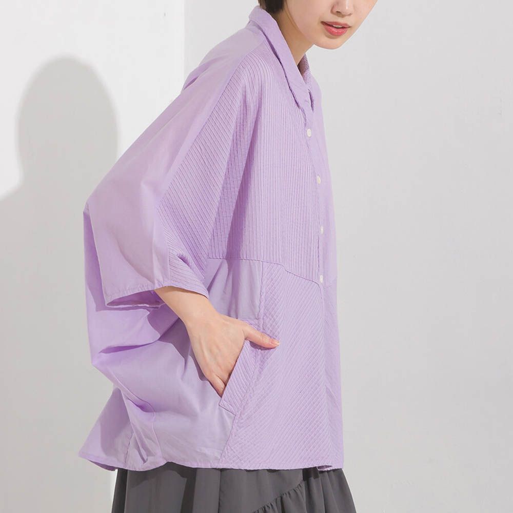 100%印度棉 柔軟透氣寬袖襯衫(附口袋)-薰衣草