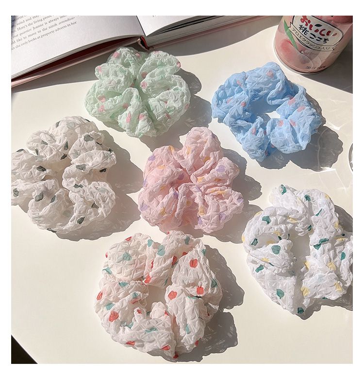 皺摺感小清新布藝大腸圈/髮圈-圓點-白色