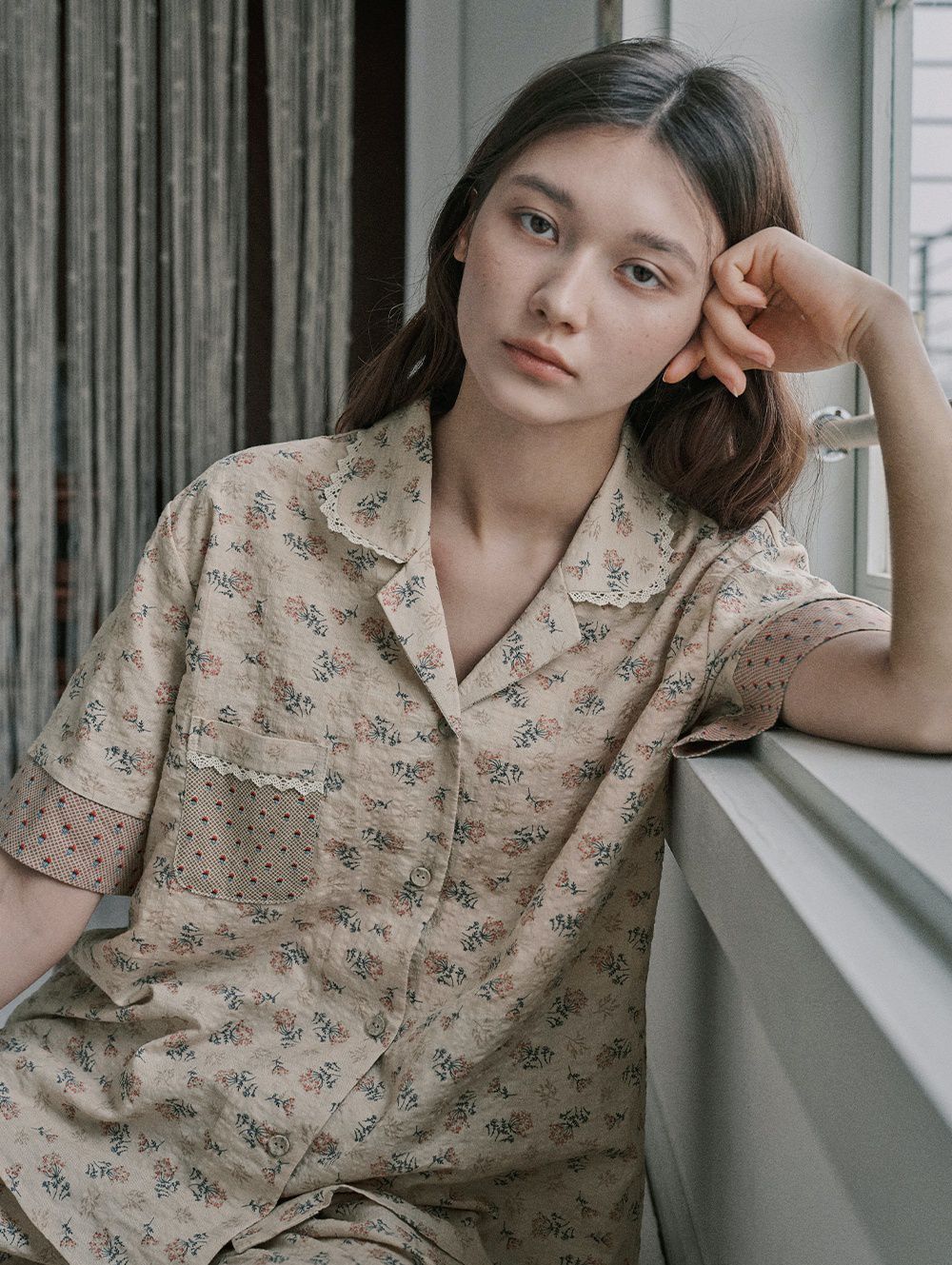 韓國 ULLALA - 復古碎花長褲睡衣(兩件式) (FREE)