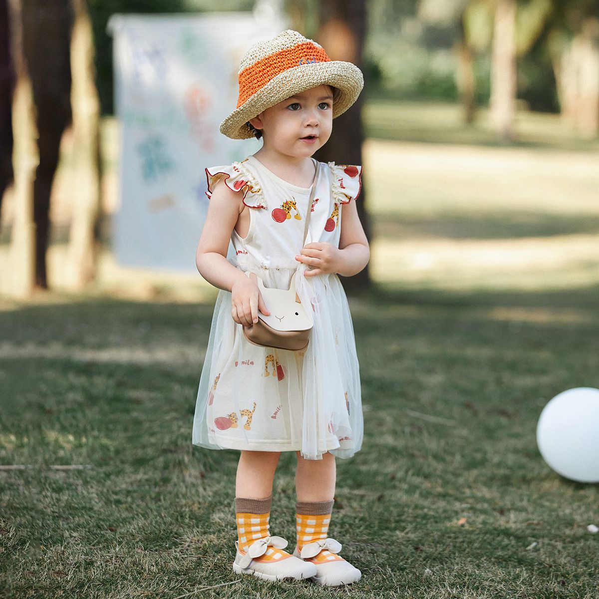 網紗公主袖連身洋裝-豹紋貓貓-白色