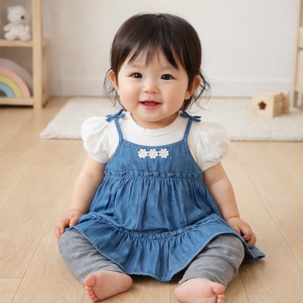 短袖假兩件洋裝-藍色