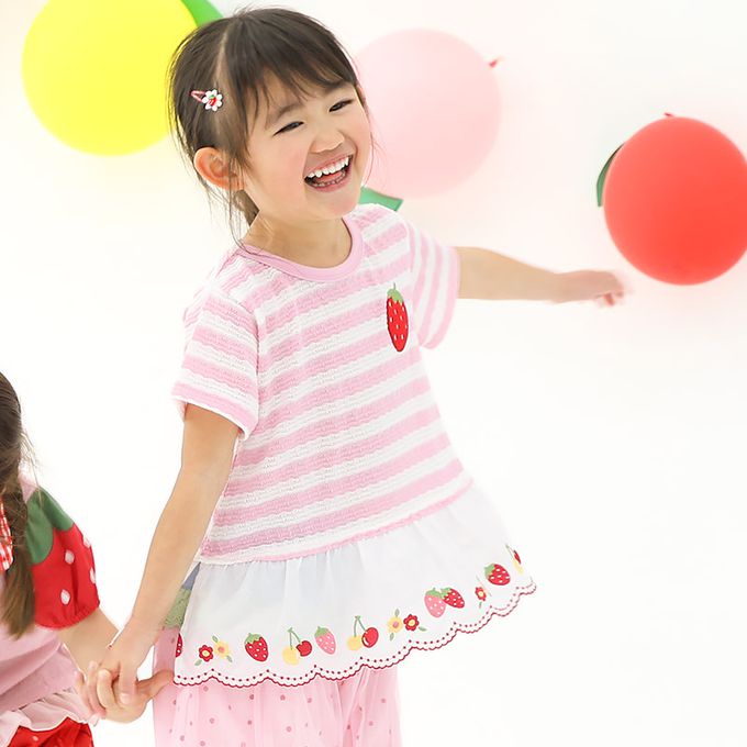 日本 ZOOLAND - 甜蜜草莓緹花條紋可愛刺繡上衣-紅