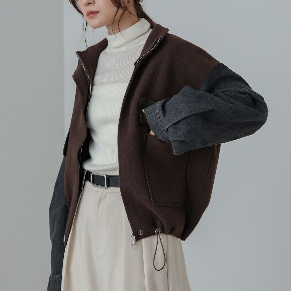 俐落簡潔丹寧袖拼接夾克/外套-棕系