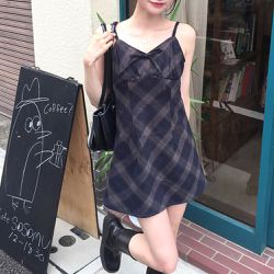 日本 GRL - 甜美蝴蝶結格紋細肩帶短洋裝-海軍藍