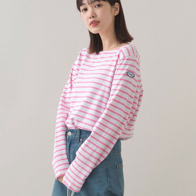 日本 OMNES - [必收款]100%棉 條紋船領長袖上衣-米x海軍藍