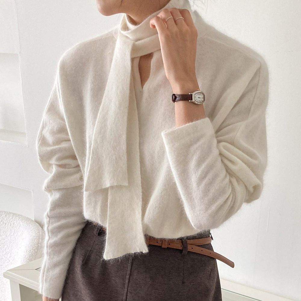 (可雙面穿)唯美綁帶混羊毛針織上衣-象牙白 (FREE)