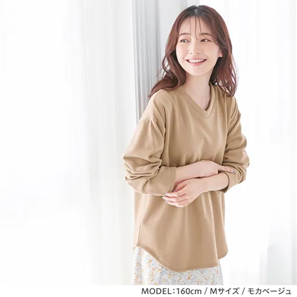 日本 BELLUNA - 蓄熱保暖V領長袖上衣-淺灰