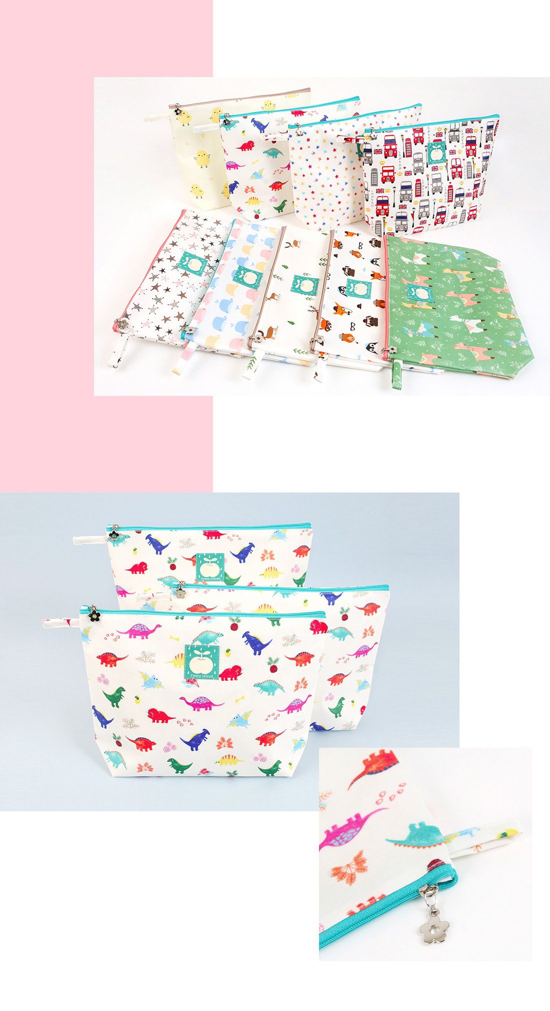 韓國 Coney Island - 寬底防水拉鍊收納袋-大(可放餐盤)-七彩恐龍 (30X21X7cm)