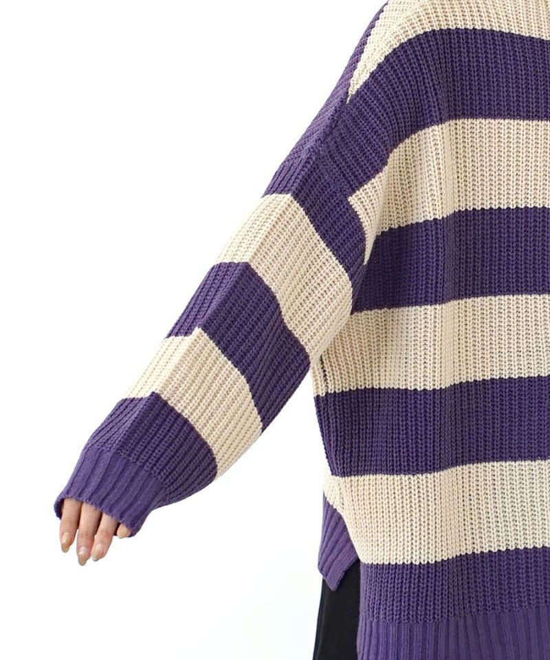 日本 zootie - 高領柔軟後開衩針織毛衣-條紋-葡萄紫