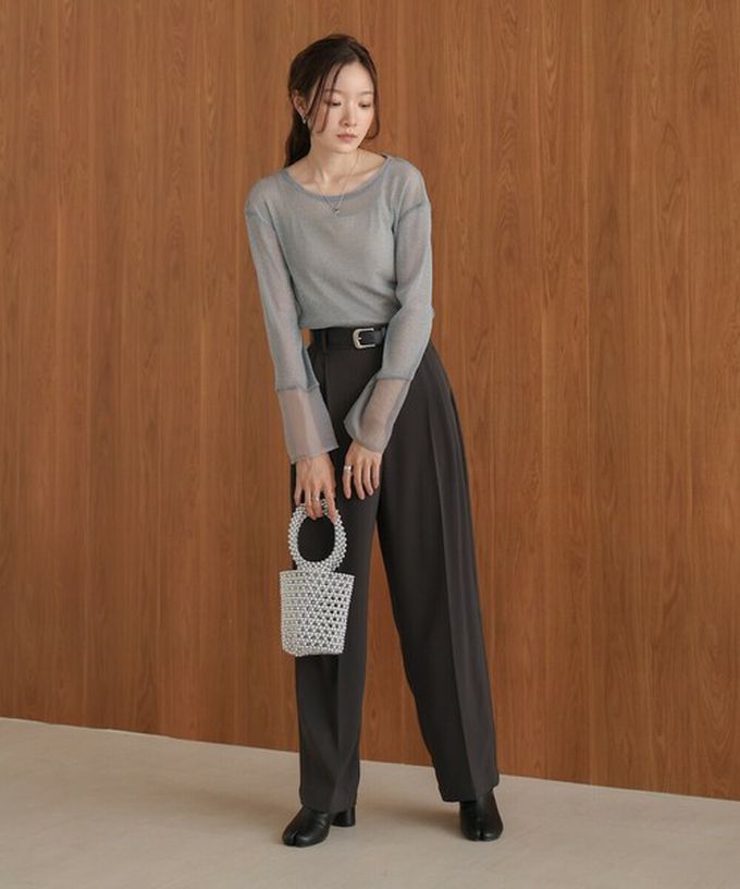 日本 Bab - 亮麗光澤歐根紗拼接透膚薄長袖上衣-黑