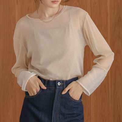 日本 Bab - 亮麗光澤歐根紗拼接透膚薄長袖上衣-淺卡其