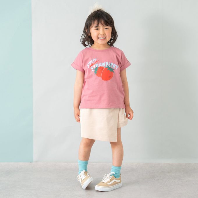日本 petit main - 100%棉 開衩印花短袖上衣-新鮮草莓-粉紅