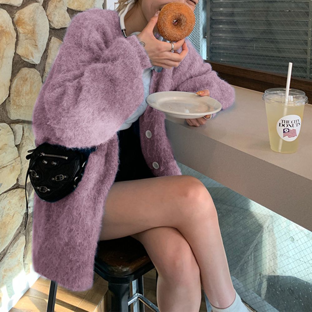 羊毛混紡蓬鬆長絨毛針織開襟外套-粉紫 (F)