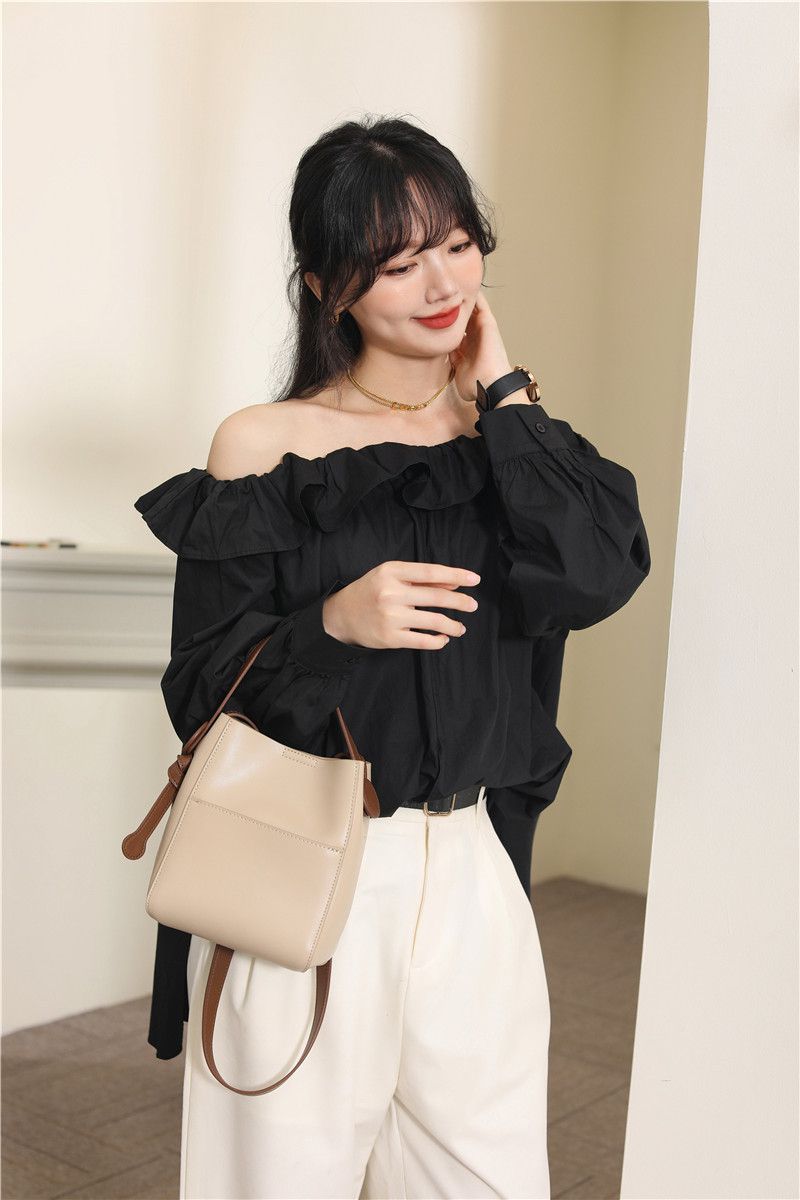 真皮復古歐美百搭單肩手提包/水桶包-杏+灰 (18x10x20cm)