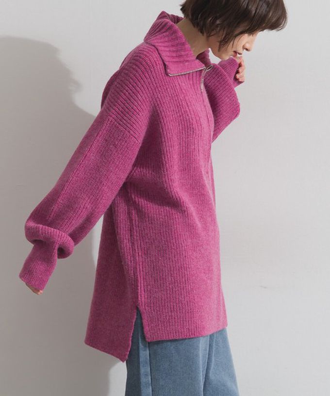 日本 ELENCARE DUE - 優雅線條感半拉鍊長版針織高領上衣-莓紅