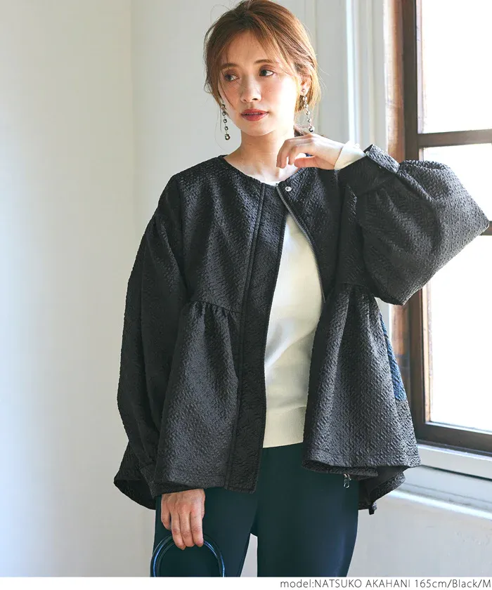 日本 COCA - 優雅緹花氣球袖薄外套-淺灰