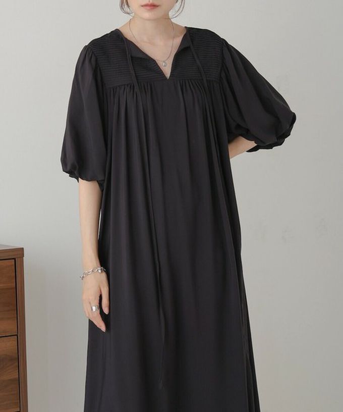 日本 Bab - 領口休閒綁帶泡泡短袖洋裝-焦糖棕 (M)