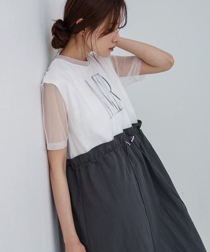 日本 Bab - 拼接層次感抽繩薄紗短袖洋裝-白x摩卡