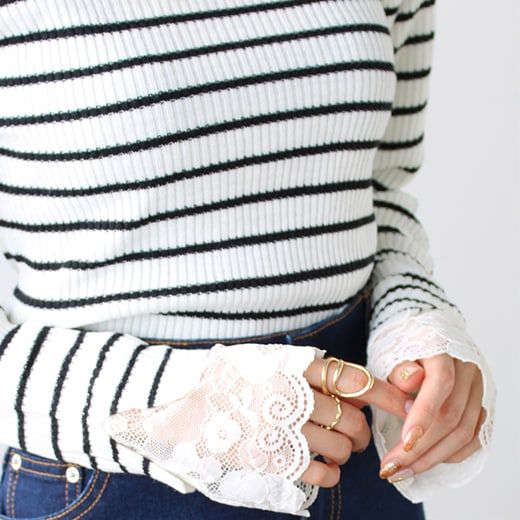 日本 BELLUNA - 優雅蕾絲拼接羅紋針織上衣-沙杏