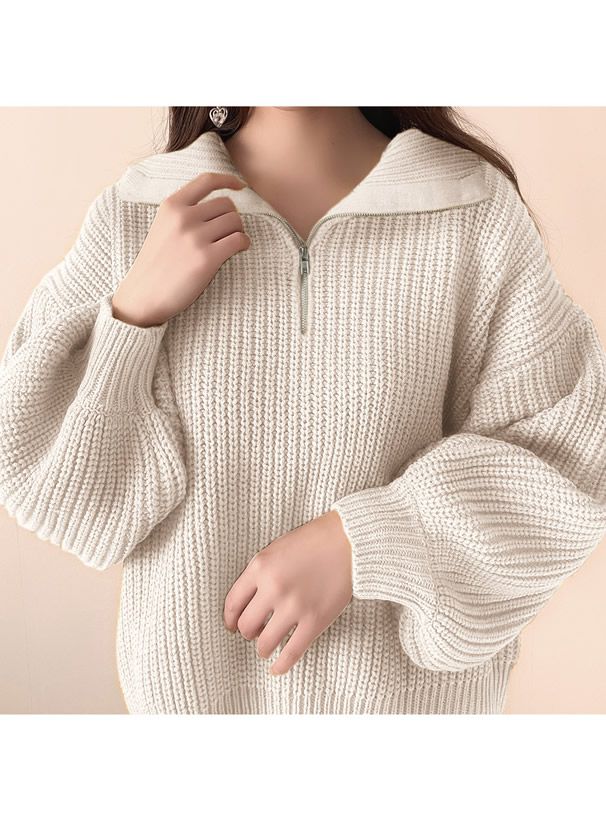 日本 GRL - 率性拉鍊領氣球袖針織上衣-深咖啡 (F)